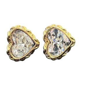 Swarovski Swan Vintage‎ Signed Crystal Bezel Heart Gold Tone Clip On Earrings